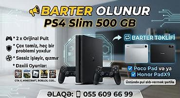 ps1 oyun: PS4 Slim 500 GB – barter olunur Xüsusiyyətlər: - 2 ədəd orijinal pult — 1