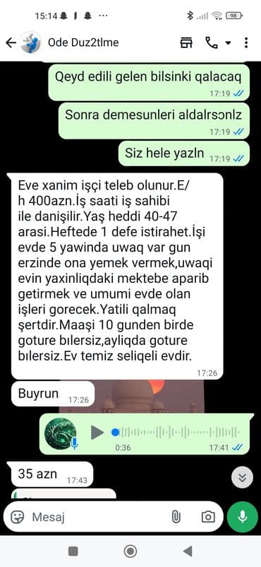 iş daye: Xidmət: Evə xanım işçi axtarılır - İşin mahiyyəti: 5 yaşlı uşaqla gün — 1