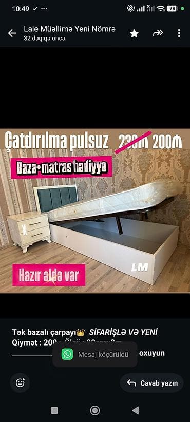 tek krafat: *Tək bazalı çarpayı*👑 _*SİFARİŞLƏ VƏ YENİ*_ *Qiymət : 200₼* Ölçü  — 1