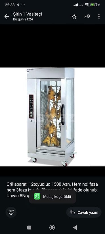 Qril aparati 12toyuqluq 1500 Azn. Hem nol faza hem 3faza isleyir. Bir