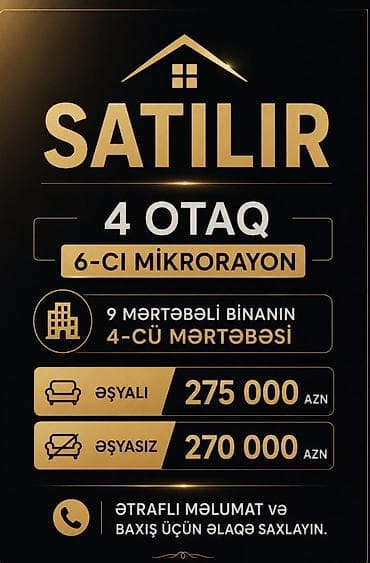 ev ucuz: Satılır: 4 otaqlı mənzil - Yer: 6-cı mikrorayon - Bina: 9 mərtəbəli — 1