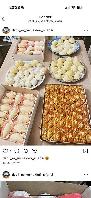 Ənənəvi ev yeməkləri və şirniyyatları sifarişi Menyu nümunələri: -