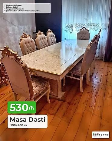 Masa dəsti – 100×200 sm - Klassik dizaynlı böyük yemək masası və 6 lalafo.az -da Masa dəsti – 100×200 sm - Klassik dizaynlı böyük yemək masası və 6