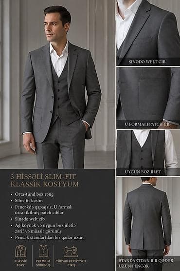 3 hissəli slim-fit klassik kostyum - Rəng: orta-tünd boz - Kəsim