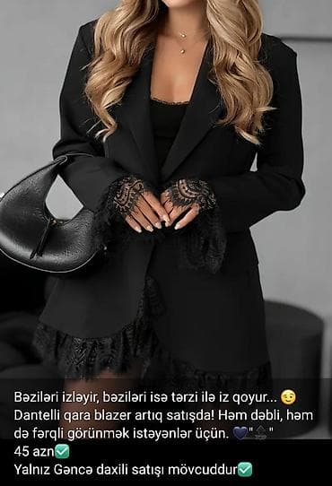 topdan geyim: Dantelli qara blazer - Rəng: qara - Dizayn: qollarda və ətək — 1