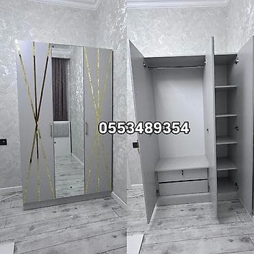 Ev üçün mebel: Yeni, 3 qapılı, Güzgülü, Boz, Açılan, Düz dolab — 1