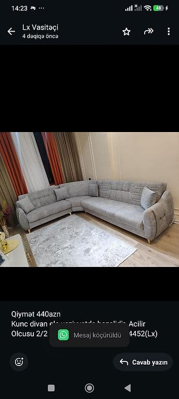 Qiymət 440azn Kunc divan ela veziyyetde bazalidir. Acilir Olcusu 2/2