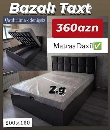 yataq 2 neferlik: Bazalı taxt – 200×160 sm ölçüdə. - Rəng: tünd boz tonlarda, yumşaq — 1