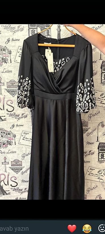qaqa stil: Zərif qara ziyafət geyimi 44 ölçü - Model: midi uzunluqda, A-kəsim — 2