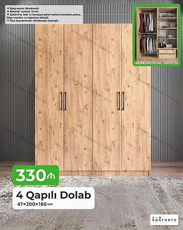 skafi: 4 qapılı paltar dolabı – 47×200×160 sm - Material: 18 mm laminat - — 1