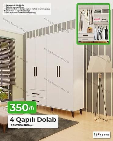 Mebel: 4 qapılı geyim dolabı – 47×200×160 sm - Material: 18 mm laminat - — 1