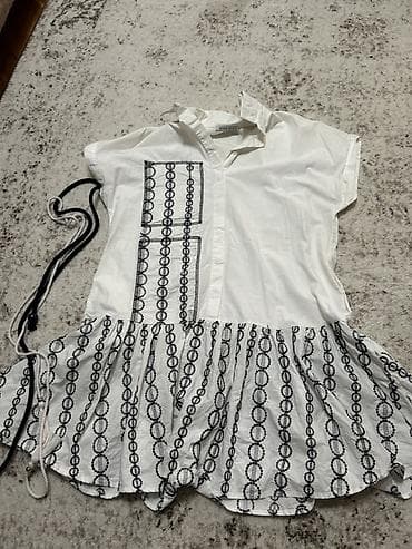 ağ donlar: Ağ rəngli qadın tunik/köynək paltarı - Qısaqoll, yaxalıqlı, düyməli ön — 3