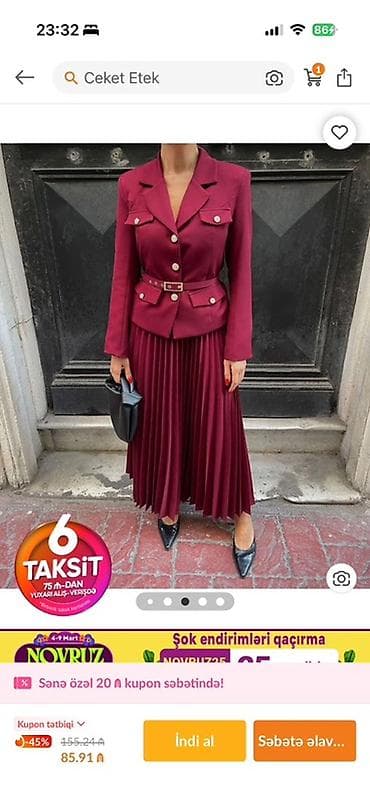 dest geyimler: Ağ saruçka -20m Qadın geyim dəsti – 38 (M) ölçü -40m 1) Bordo ceket — 2