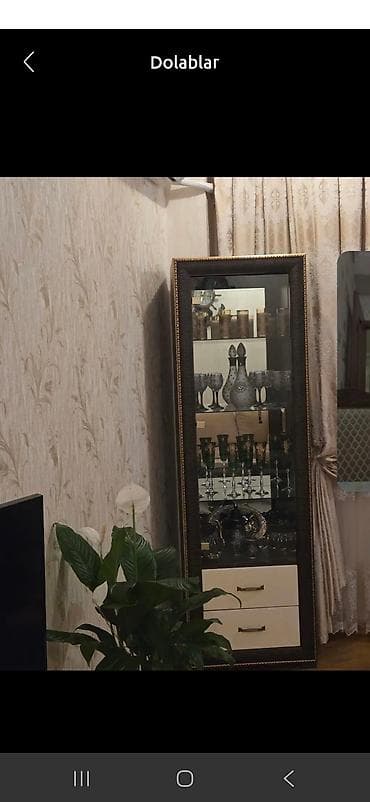 dolablar ucuz: Zərif qızılı haşiyəli tünd rəngli çərçivəyə malik şüşə vitrin dolabı — 1