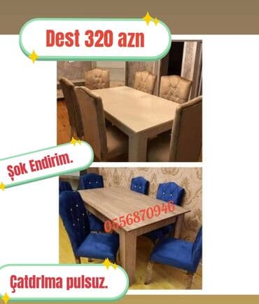 Qonaq otağı üçün, Yeni, Açılmayan, Dördbucaq masa, 6 stul