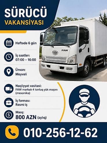 Yük maşını sürücüsü tələb olunur, 6/1, 3-5 illik təcrübə, Aylıq ödəniş — 1