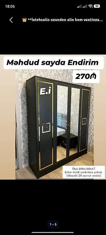 qapi bezekleri: Yeni, 4 qapılı, Güzgülü, Qara, Açılan, Düz dolab — 1