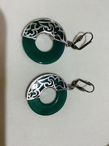 Бижутерия: Yaşıl daşlı və medal asqılı sırğalar seti - Model 1: Yaşıl halqa — 1