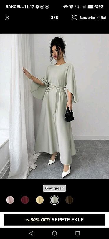 ysl canta: Zərif maxi don – “gray green” rəng - Model: A-kəsim, axıcı ətəkli uzun — 4