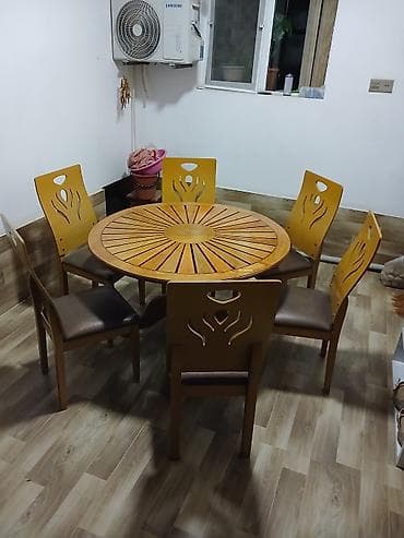 🪵 130×130 sm göyrüş ağacından hazırlanmış masa 🪑 6 ədəd oturacaq dəstə