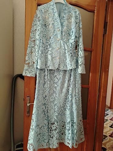 xari bulbul yaxa sancagi: Mavi krujeva qadın dəsti – pencək + ətək - Rəng: açıq mavi (pastel) - — 3