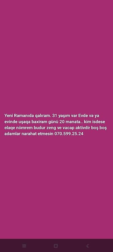 sumqayitda daye: Uşaq baxımı xidməti – dayə - Yer: Yeni Ramana - Xidmət növü: Uşaqlara — 1