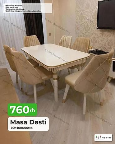 Masa dəsti – 6 stulludur. Ölçü: 90×160/200 sm. Mexanizm: açılmayan
