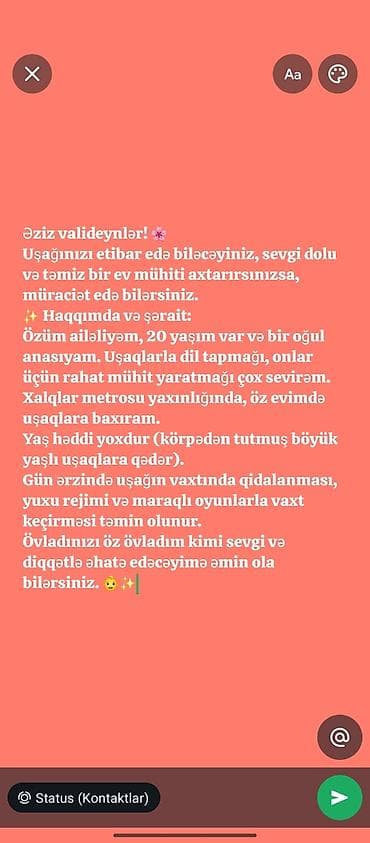 Qiymət dəyişilir Uşaq baxımı xidməti - Məkan: Xalqlar metrosu
