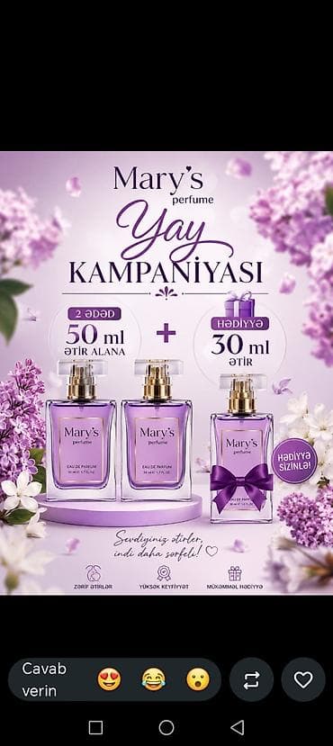 qiz ucun sepler: Kampaniyamız: 2 ədəd 50 ml ətir alana, 1 ədəd 30 ml istədiyi ətir tam — 1