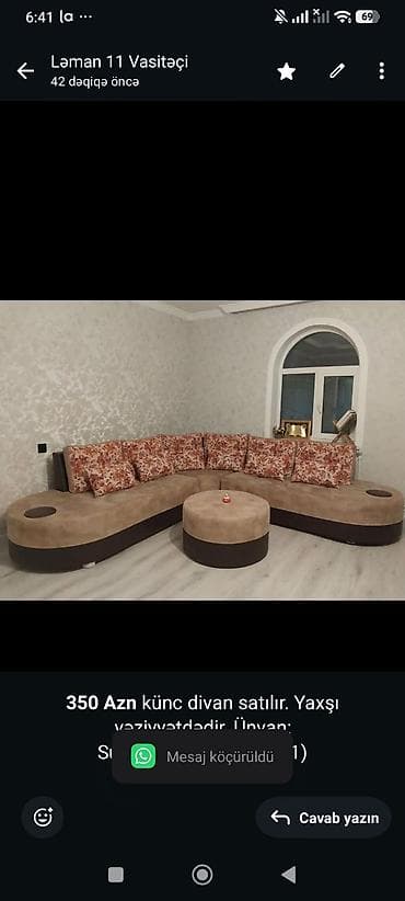 ps divan: *350 Azn* künc divan satılır. Yaxşı vəziyyətdədir. Ünvan — 1