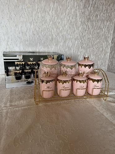 first home tekstil: Mətbəx üçün qızılı rəflə dəst – çəhrayı-qartmaq qapaqlı keramik qablar — 3