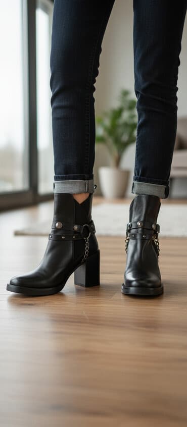 домашние женские тапочки из овчины: Qara dəri qadın botları - Model: biker/ankle boot üslubunda - Rəng — 1