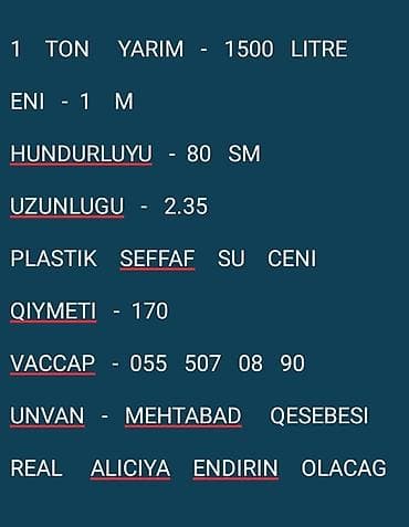 simsek su baklari: PLASTİK SƏFFAF YASİL RƏNGDƏ SU CƏNİ 1 TON YARİM 1500 - — 6