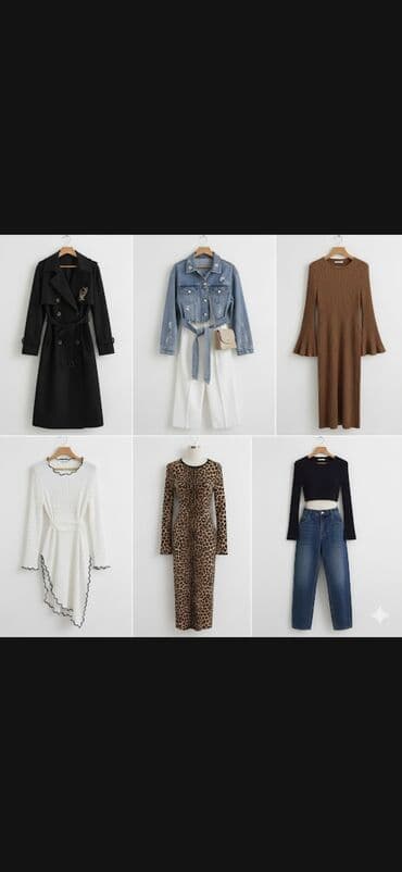 Qadın geyim dəsti seçimi - Uzun qara trençkot: ikiqat düyməli, bel