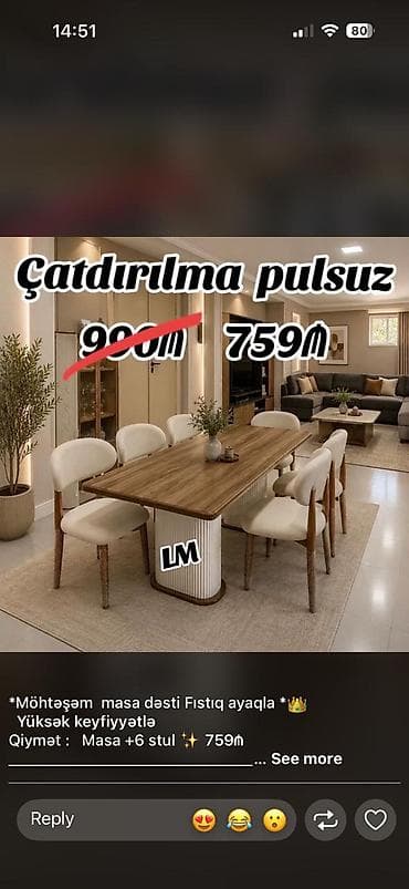 isdol usdul: Məhsul: Yemək otağı üçün masa dəsti - Tərkib: Masa + 6 ədəd stul - — 1