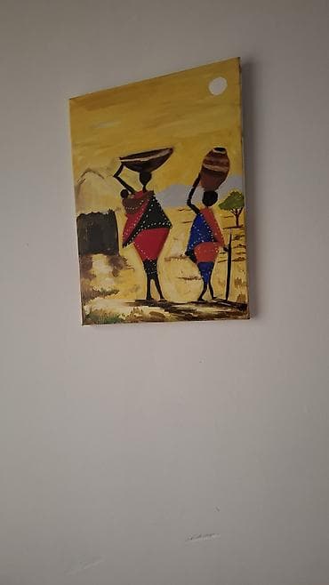 Əl işi rəsm tablo - Mövzu: Afrika kənd həyatı – iki fiqur su qabları