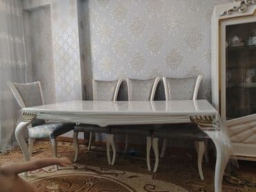 metbex stolu: Qonaq otağı üçün, İşlənmiş, Açılmayan, Dördbucaq masa, 6 stul — 4