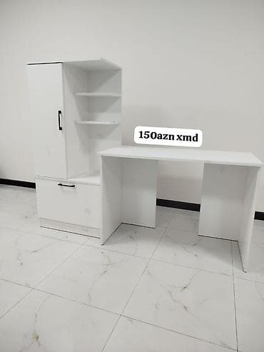 Ağ rəngdə çoxfunksiyalı iş masası və saxlama bloku dəsti. - L‑şəkilli