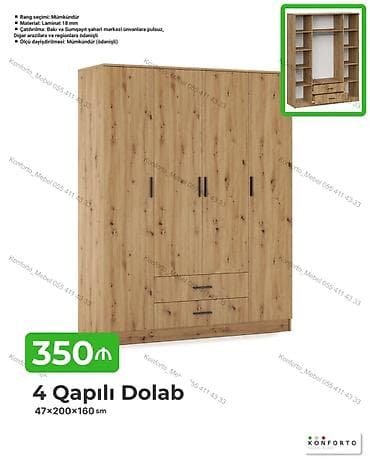 4 qapılı paltar dolabı – 47×200×160 sm - Material: 18 mm laminat - — 1