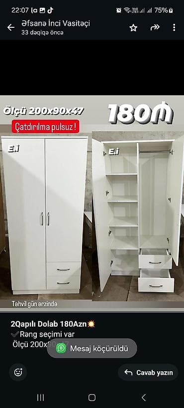 *2Qapılı Dolab 180Azn💥* ✔️Rəng seçimi var Ölçü 200x90x47 ✔️ *Şəhər lalafo.az -da *2Qapılı Dolab 180Azn💥* ✔️Rəng seçimi var Ölçü 200x90x47 ✔️ *Şəhər