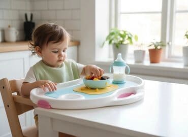 mekteb cantalari qiz ucun: Uşaq yemək stulu - Rəng: ağ/gri çərçivə, çəhrayı-boz nöqtəli parça — 8