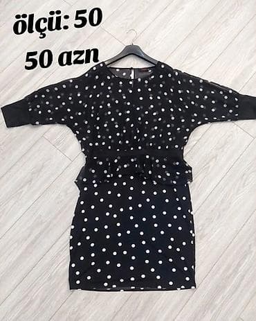 beli: Qara rəngli, ağ xallı qadın paltarı - Ölçü: 50 - Qiymət: 50 AZN — 1