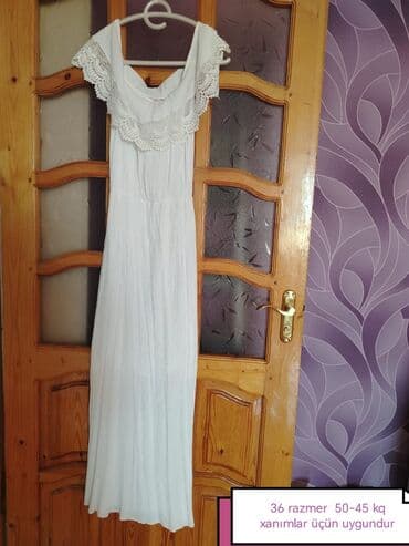 Baş geyimləri: Qadın geyim dəsti – 36 razmer - Ağ uzun paltar: yüngül, axıcı parça; — 1