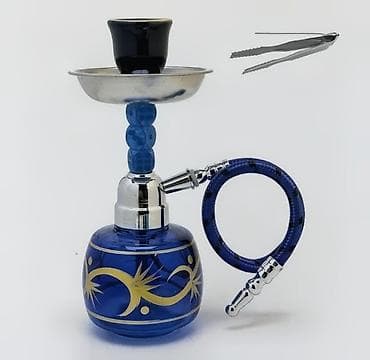 BALACA QELYAN Mini nərgilə dəsti – mavi şüşə kolba və naxışlı dizayn — 1