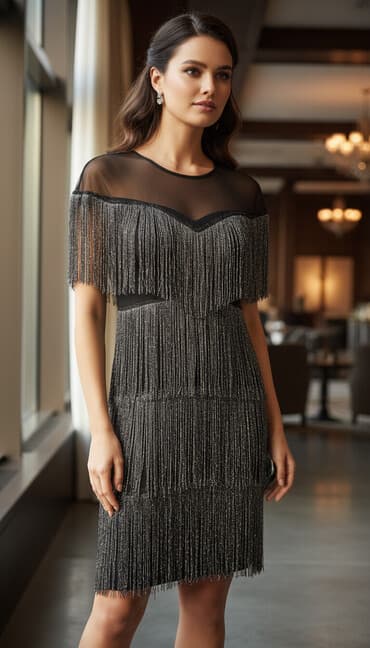 2024 don modelleri: Qadınlar üçün zərli püsküllü gecə/libas - Rəng: qara əsas, üzərində — 1