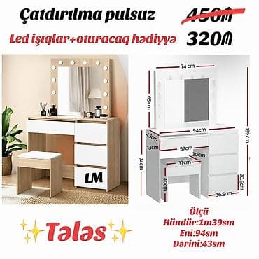 islenmis stullar: Vizaj stol-konsol dəsti - Modell: Talas - LED işıqlı böyük güzgü — 1