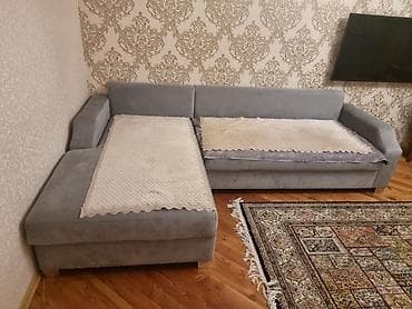 uzun: Künc divanı – L şəklində, yumşaq parça üzlüklü, açıq-boz rəngdə — 5