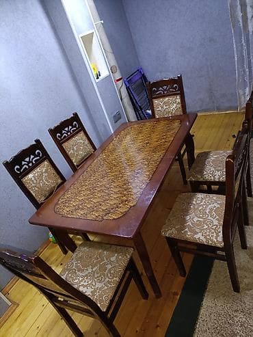 mebel stol stul: Qonaq otağı üçün, İşlənmiş, Açılmayan, Dördbucaq masa, 6 stul — 3