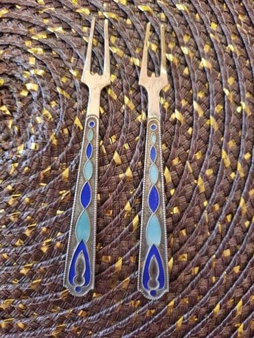 2 ədəd ikidişli vintaj limon çəngəlləri. Mavi göy emallı. 875 əyarlı