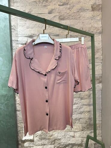 kiqurum qadın pijamaları: Qadın pijama dəsti – qısaqol köynək və şort - Dörd rəng: qırmızı — 4